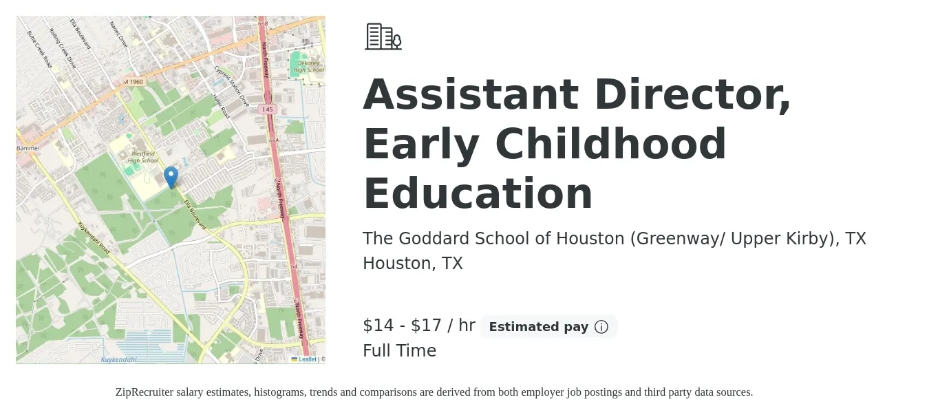 The Goddard School of Houston (Greenway/ Upper Kirby), TX job posting for a Assistant Director, Early Childhood Education in Houston, TX with a salary of $17 to $19 Hourly with a map of Houston location.