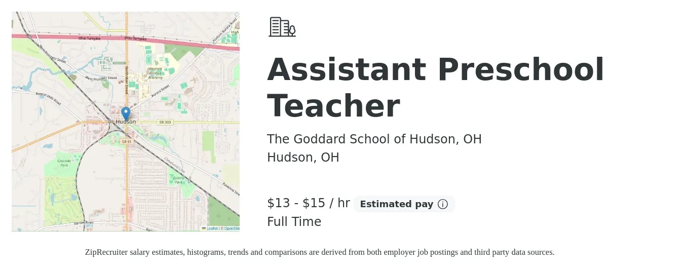 The Goddard School of Hudson, OH job posting for a Assistant Preschool Teacher in Hudson, OH with a salary of $14 to $16 Hourly with a map of Hudson location.