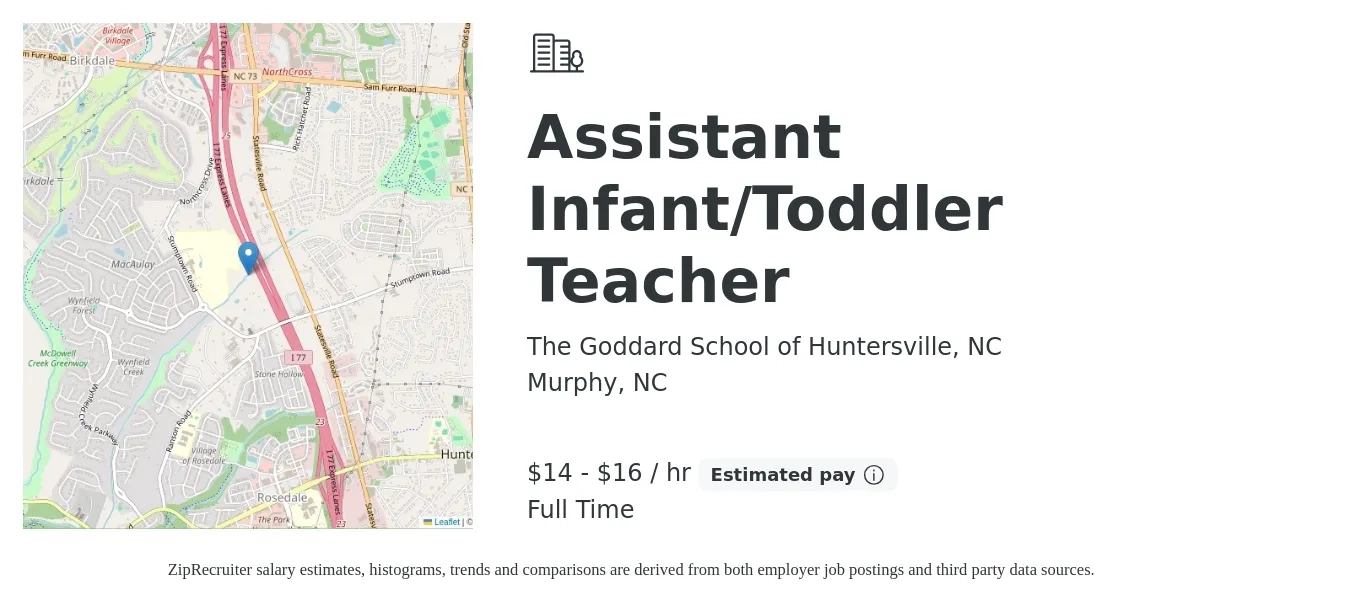 The Goddard School of Huntersville, NC job posting for a Assistant Infant/Toddler Teacher in Murphy, NC with a salary of $15 to $17 Hourly with a map of Murphy location.