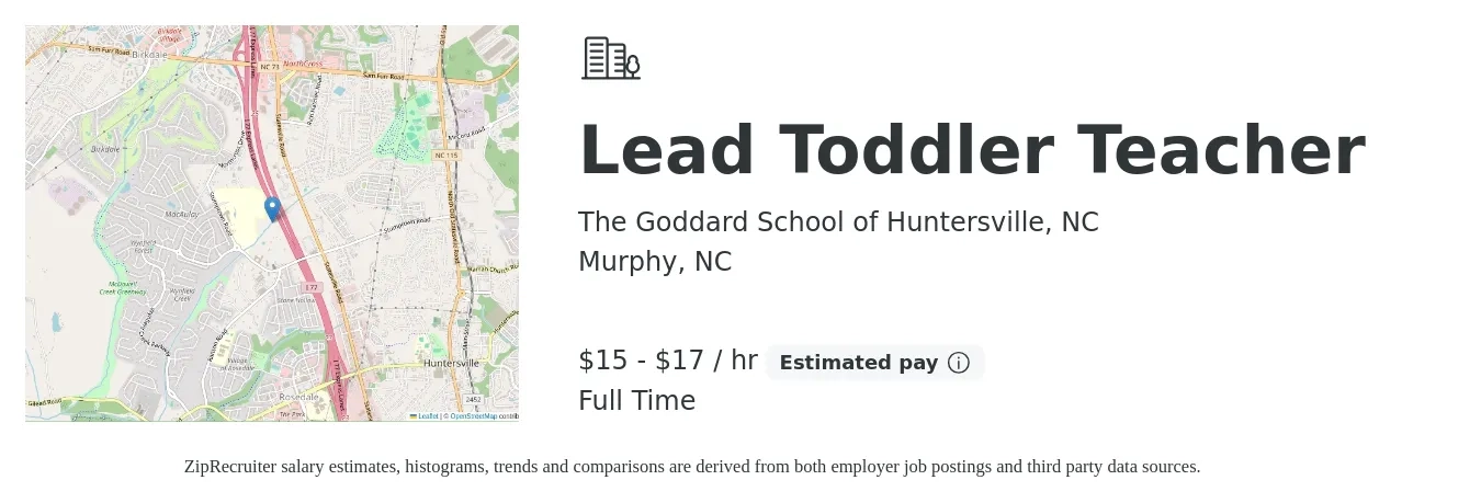 The Goddard School of Huntersville, NC job posting for a Lead Toddler Teacher in Murphy, NC with a salary of $16 to $18 Hourly with a map of Murphy location.