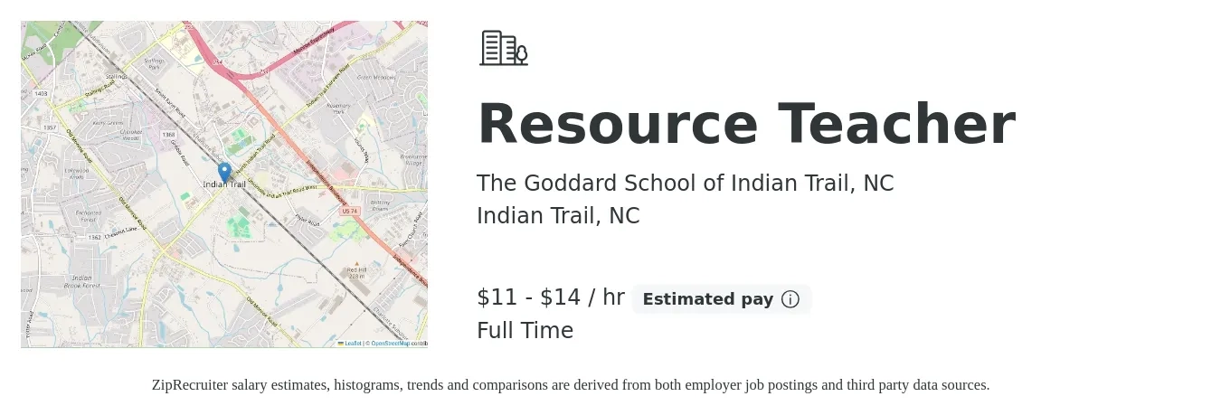 The Goddard School of Indian Trail, NC job posting for a Resource Teacher in Indian Trail, NC with a salary of $12 to $15 Hourly with a map of Indian Trail location.