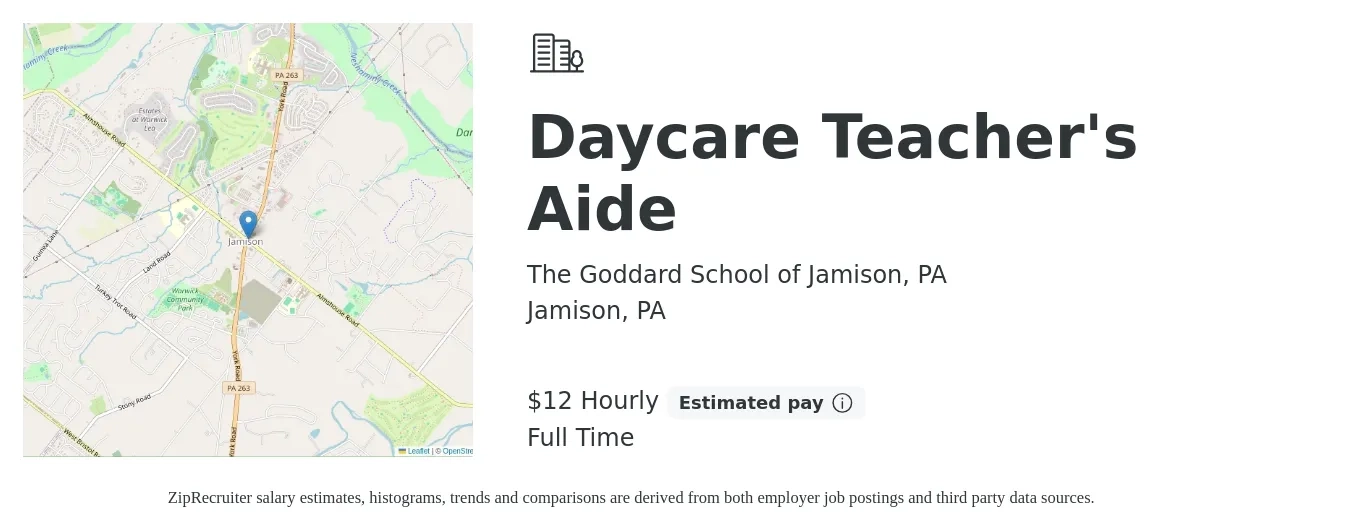 The Goddard School of Jamison, PA job posting for a Daycare Teacher's Aide in Jamison, PA with a salary of $12 to $13 Hourly with a map of Jamison location.