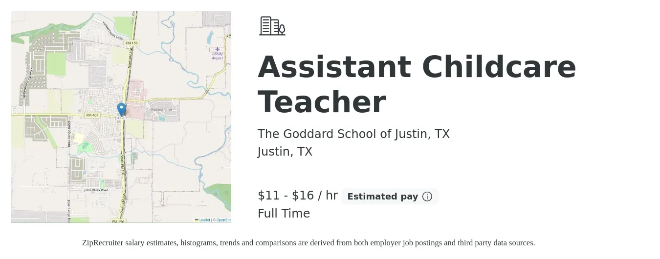 The Goddard School of Justin, TX job posting for a Assistant Childcare Teacher in Justin, TX with a salary of $12 to $17 Hourly with a map of Justin location.