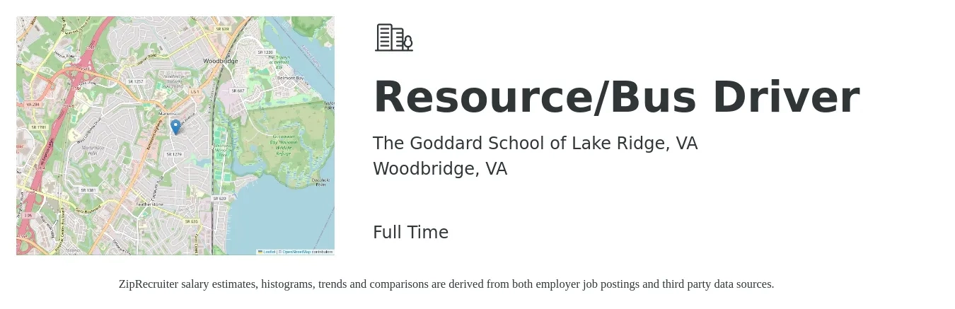 The Goddard School of Lake Ridge, VA job posting for a Resource/Bus Driver in Woodbridge, VA with a salary of $17 to $25 Hourly with a map of Woodbridge location.