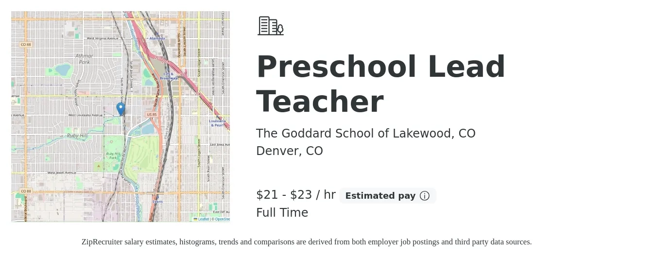 The Goddard School of Lakewood, CO job posting for a Preschool Lead Teacher in Denver, CO with a salary of $22 to $24 Hourly with a map of Denver location.