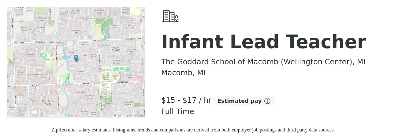 The Goddard School of Macomb, MI job posting for a Infant Lead Teacher in Macomb, MI with a salary of $16 to $18 Hourly with a map of Macomb location.