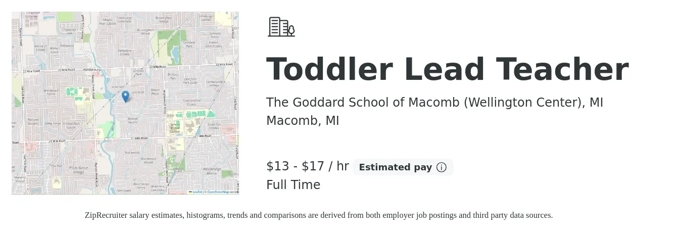 The Goddard School of Macomb (Wellington Center), MI job posting for a Toddler Lead Teacher in Macomb, MI with a salary of $14 to $18 Hourly with a map of Macomb location.
