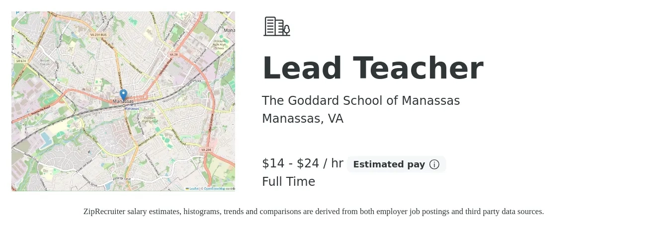 The Goddard School of Manassas job posting for a Lead Teacher in Manassas, VA with a salary of $15 to $25 Hourly with a map of Manassas location.