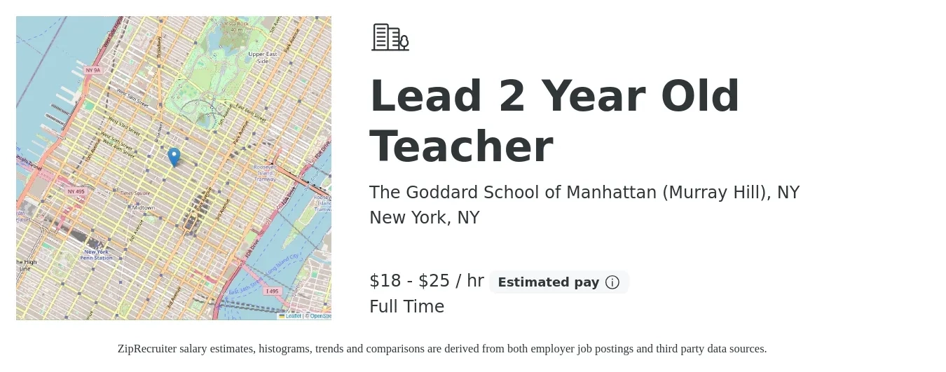 The Goddard School of Manhattan (Murray Hill), NY job posting for a Lead 2 Year Old Teacher in New York, NY with a salary of $19 to $27 Hourly with a map of New York location.
