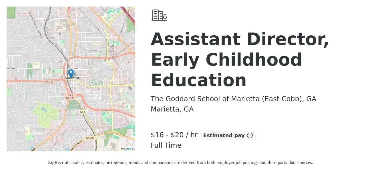 The Goddard School of Marietta (East Cobb), GA job posting for a Assistant Director, Early Childhood Education in Marietta, GA with a salary of $17 to $21 Hourly with a map of Marietta location.