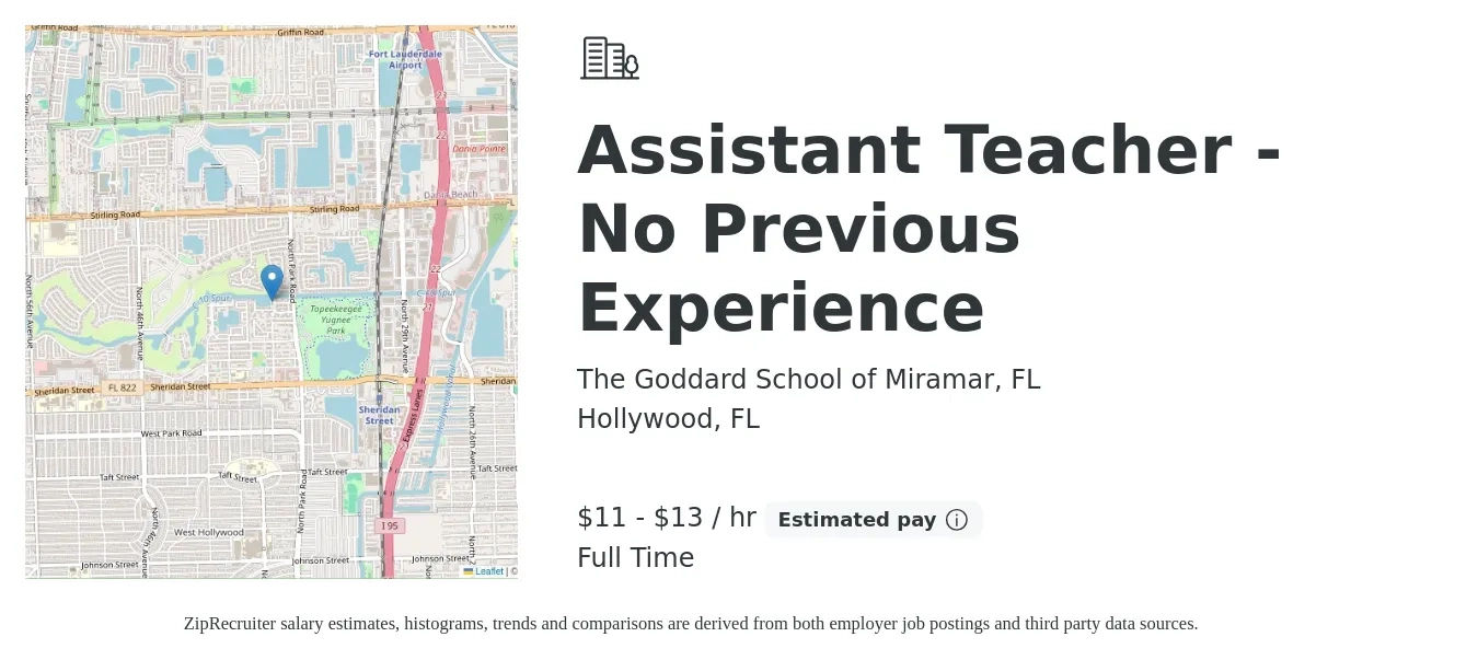 The Goddard School of Miramar, FL job posting for a Assistant Teacher - No Previous Experience in Hollywood, FL with a salary of $12 to $14 Hourly with a map of Hollywood location.