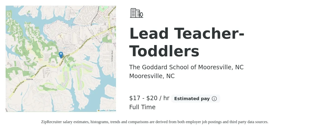 The Goddard School of Mooresville, NC job posting for a Lead Teacher-Toddlers in Mooresville, NC with a salary of $18 to $21 Hourly with a map of Mooresville location.