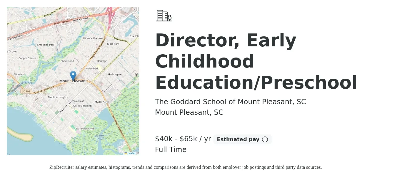 The Goddard School of Mount Pleasant, SC job posting for a Director, Early Childhood Education/Preschool in Mount Pleasant, SC with a salary of $40,000 to $65,000 Yearly with a map of Mount Pleasant location.