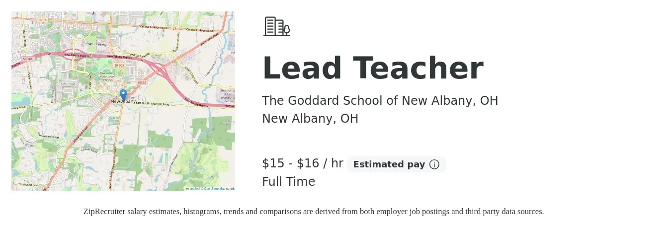 The Goddard School of New Albany, OH job posting for a Lead Teacher in New Albany, OH with a salary of $16 to $17 Hourly with a map of New Albany location.