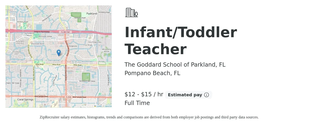 The Goddard School of Parkland, FL job posting for a Infant/Toddler Teacher in Pompano Beach, FL with a salary of $13 to $16 Hourly with a map of Pompano Beach location.