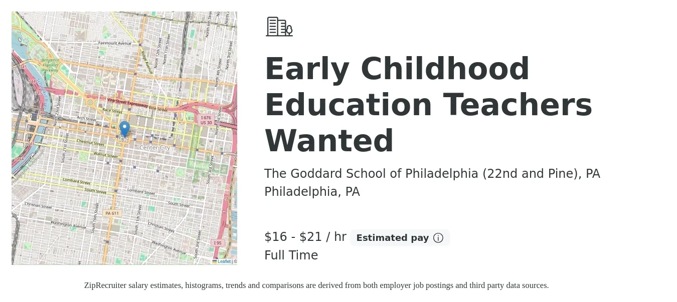 The Goddard School of Philadelphia (22nd and Pine), PA job posting for a Early Childhood Education Teachers Wanted in Philadelphia, PA with a salary of $17 to $22 Hourly with a map of Philadelphia location.