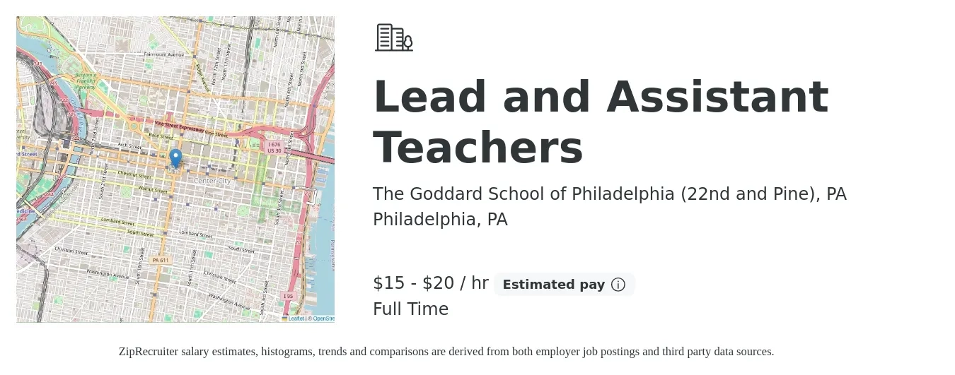 The Goddard School of Philadelphia (22nd and Pine), PA job posting for a Lead and Assistant Teachers in Philadelphia, PA with a salary of $16 to $21 Hourly with a map of Philadelphia location.