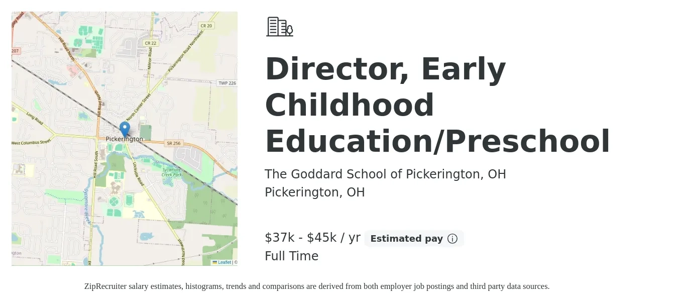 The Goddard School of Pickerington, OH job posting for a Director, Early Childhood Education/Preschool in Pickerington, OH with a salary of $37,500 to $45,000 Yearly with a map of Pickerington location.