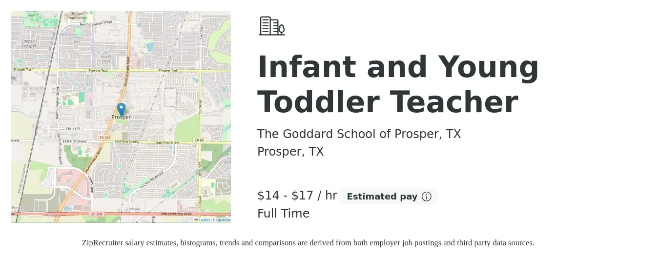 The Goddard School of Prosper, TX job posting for a Infant and Young Toddler Teacher in Prosper, TX with a salary of $15 to $18 Hourly with a map of Prosper location.