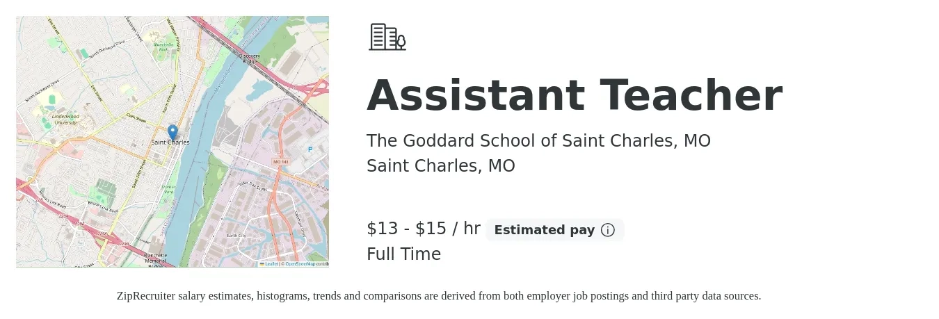 The Goddard School of Saint Charles, MO job posting for a Assistant Teacher in Saint Charles, MO with a salary of $14 to $16 Hourly with a map of Saint Charles location.