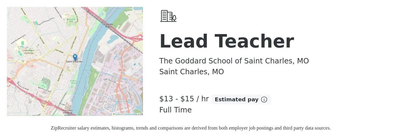 The Goddard School of Saint Charles, MO job posting for a Lead Teacher in Saint Charles, MO with a salary of $14 to $16 Hourly with a map of Saint Charles location.