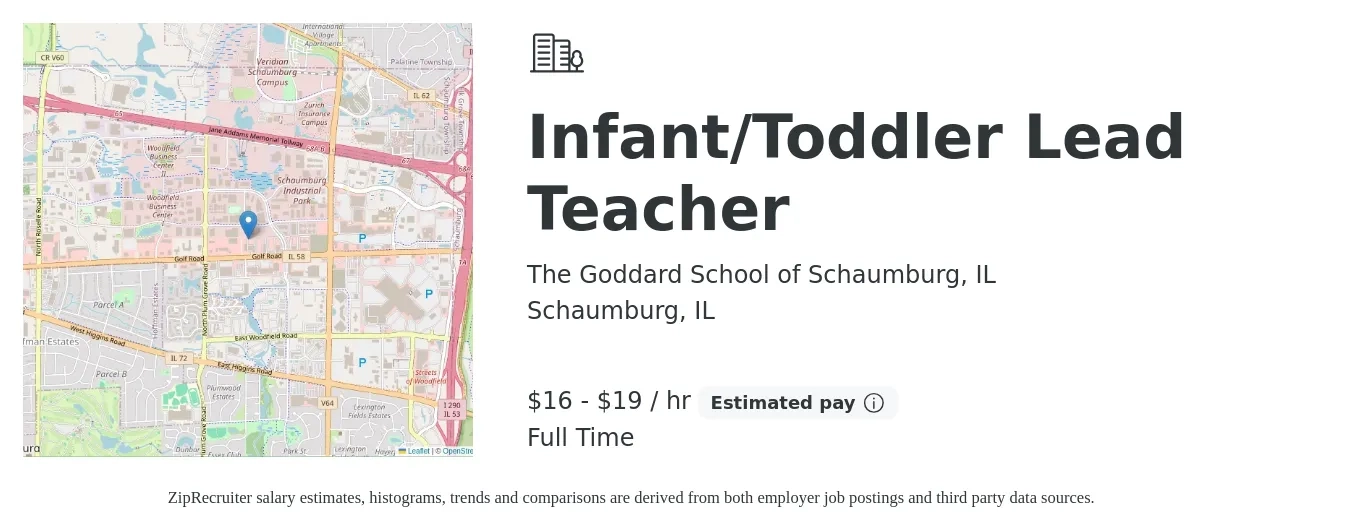 The Goddard School of Schaumburg, IL job posting for a Infant/Toddler Lead Teacher in Schaumburg, IL with a salary of $17 to $20 Hourly with a map of Schaumburg location.