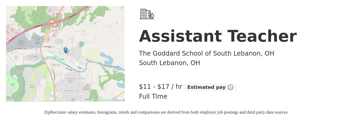 The Goddard School of South Lebanon, OH job posting for a Assistant Teacher in South Lebanon, OH with a salary of $12 to $18 Hourly with a map of South Lebanon location.