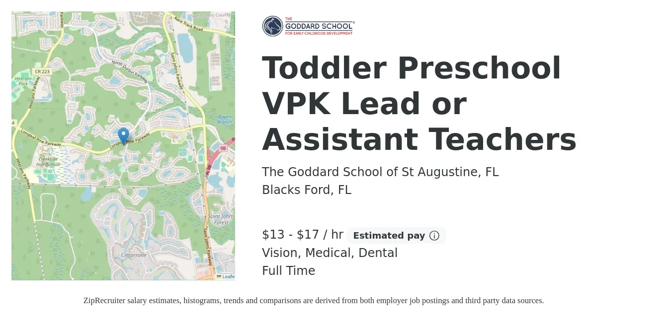 The Goddard School of St Augustine, FL job posting for a Toddler Preschool VPK Lead or Assistant Teachers in Blacks Ford, FL with a salary of $14 to $18 Hourly (plus commission) and benefits including medical, vision, and dental with a map of Blacks Ford location.
