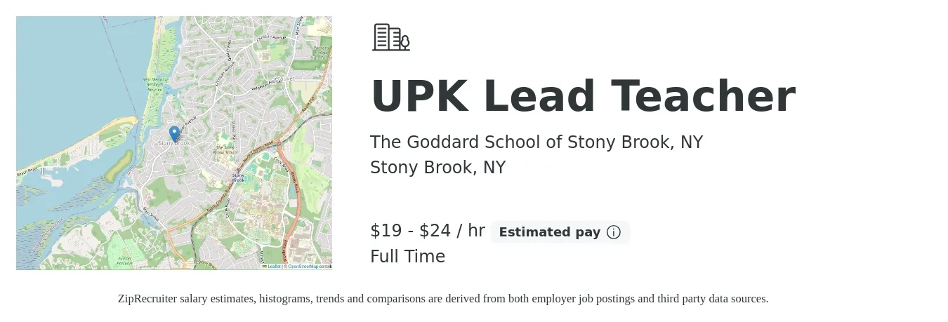 The Goddard School of Stony Brook, NY job posting for a UPK Lead Teacher in Stony Brook, NY with a salary of $20 to $25 Hourly with a map of Stony Brook location.