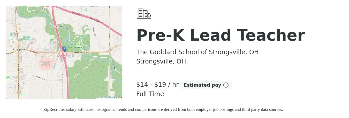The Goddard School of Strongsville, OH job posting for a Pre-K Lead Teacher in Strongsville, OH with a salary of $15 to $20 Hourly with a map of Strongsville location.