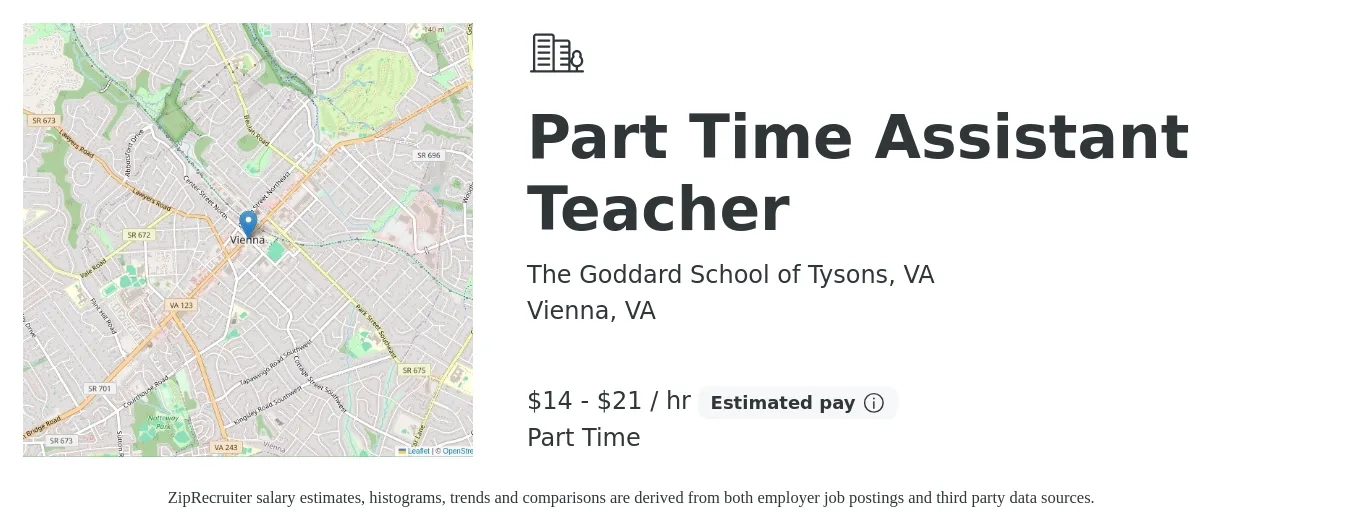 The Goddard School of Tysons, VA job posting for a Part Time Assistant Teacher in Vienna, VA with a salary of $16 to $22 Hourly with a map of Vienna location.