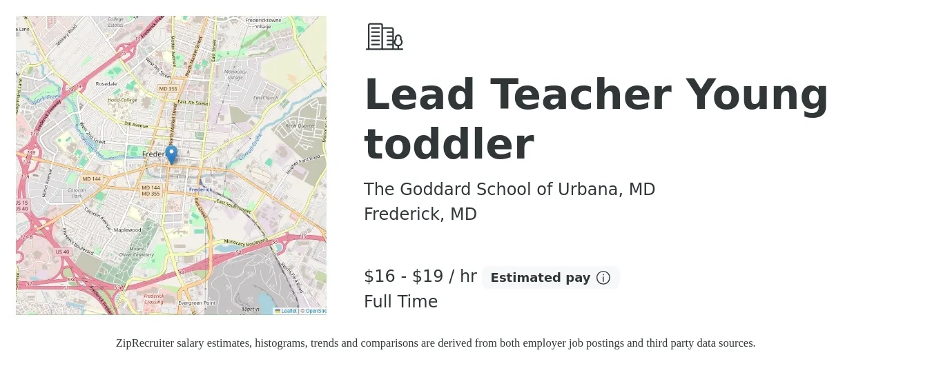 The Goddard School of Urbana, MD job posting for a Lead Teacher Young toddler in Frederick, MD with a salary of $17 to $20 Hourly with a map of Frederick location.