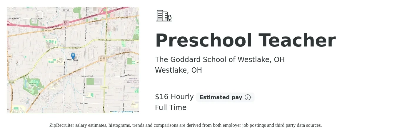 The Goddard School of Westlake, OH job posting for a Preschool Teacher in Westlake, OH with a salary of $18 Hourly with a map of Westlake location.