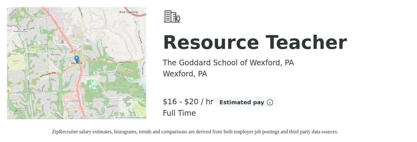 The Goddard School of Wexford, PA job posting for a Resource Teacher in Wexford, PA with a salary of $17 to $21 Hourly with a map of Wexford location.