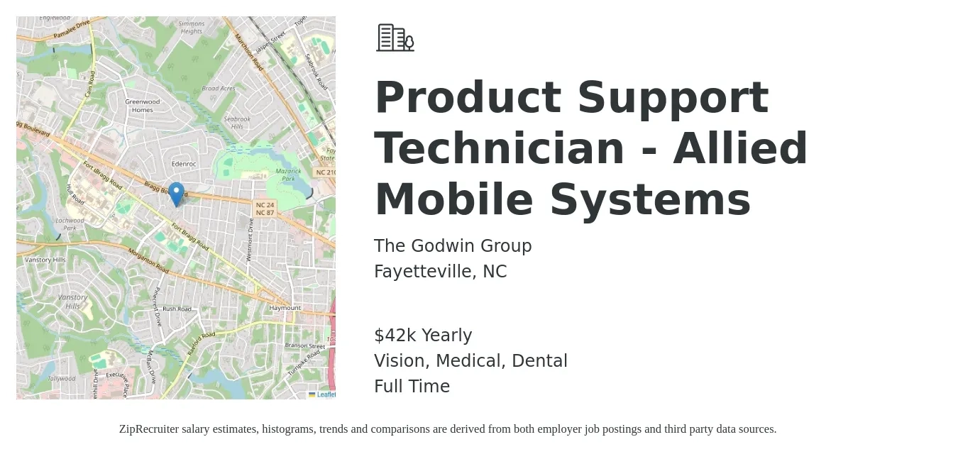 The Godwin Group job posting for a Product Support Technician - Allied Mobile Systems in Fayetteville, NC with a salary of $42,000 Yearly and benefits including retirement, vision, dental, life_insurance, and medical with a map of Fayetteville location.