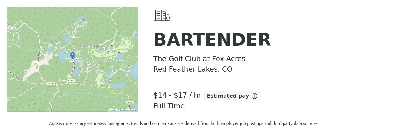 The Golf Club at Fox Acres job posting for a BARTENDER in Red Feather Lakes, CO with a salary of $15 to $18 Hourly with a map of Red Feather Lakes location.