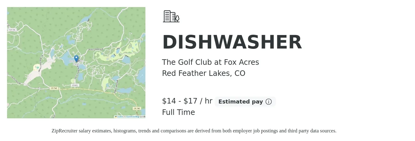 The Golf Club at Fox Acres job posting for a DISHWASHER in Red Feather Lakes, CO with a salary of $15 to $18 Hourly with a map of Red Feather Lakes location.