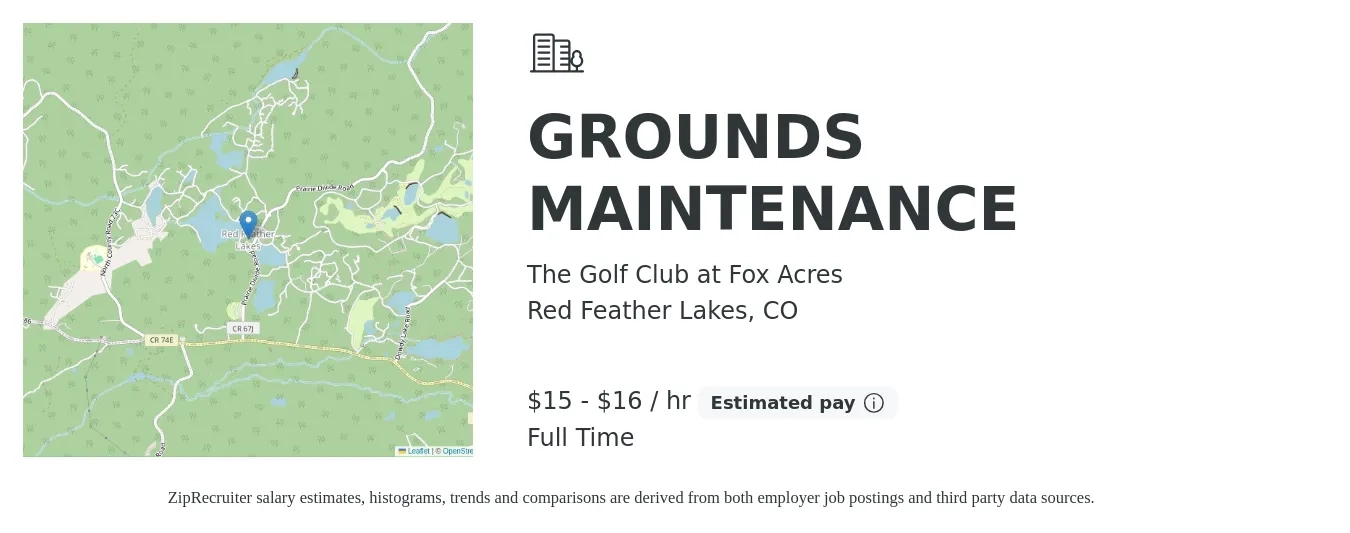 The Golf Club at Fox Acres job posting for a GROUNDS MAINTENANCE in Red Feather Lakes, CO with a salary of $16 to $17 Hourly with a map of Red Feather Lakes location.