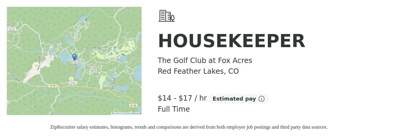 The Golf Club at Fox Acres job posting for a HOUSEKEEPER in Red Feather Lakes, CO with a salary of $15 to $18 Hourly with a map of Red Feather Lakes location.