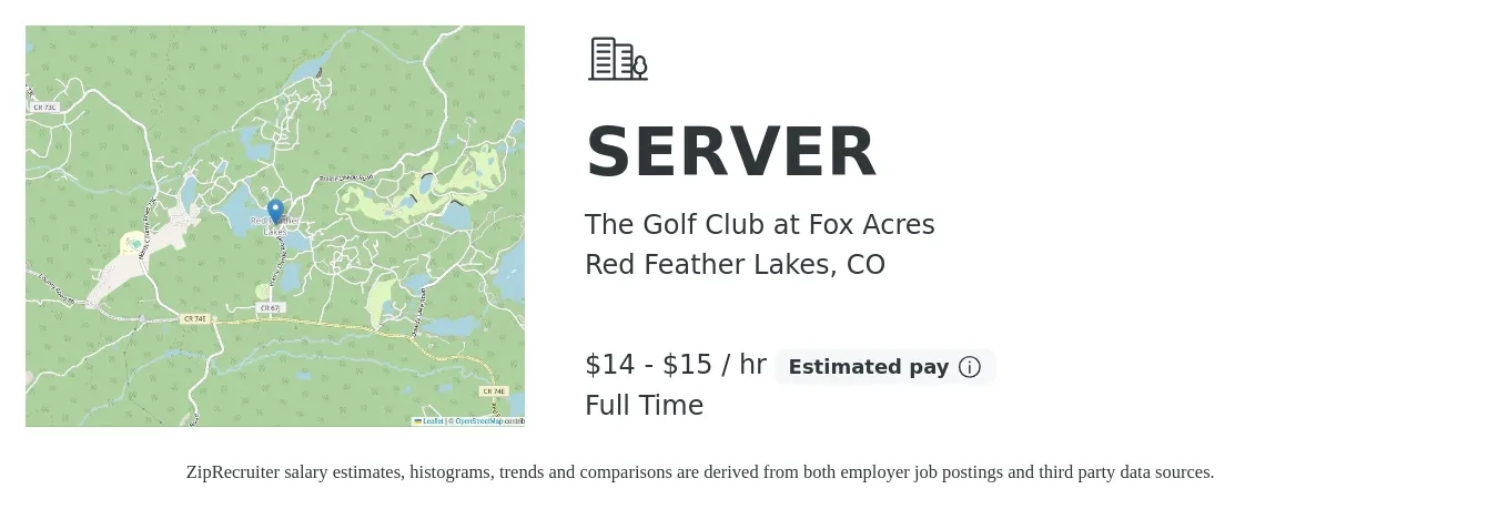 The Golf Club at Fox Acres job posting for a SERVER in Red Feather Lakes, CO with a salary of $15 to $16 Hourly with a map of Red Feather Lakes location.
