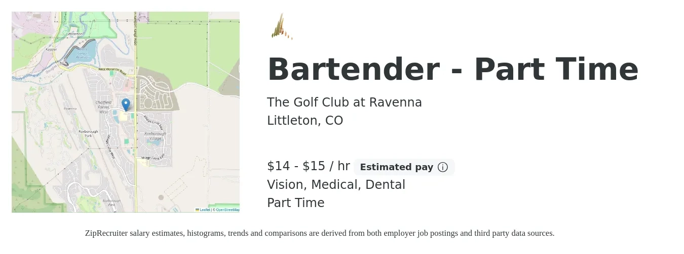 The Golf Club at Ravenna job posting for a Bartender - Part Time in Littleton, CO with a salary of $15 to $16 Hourly and benefits including medical, pto, vision, and dental with a map of Littleton location.