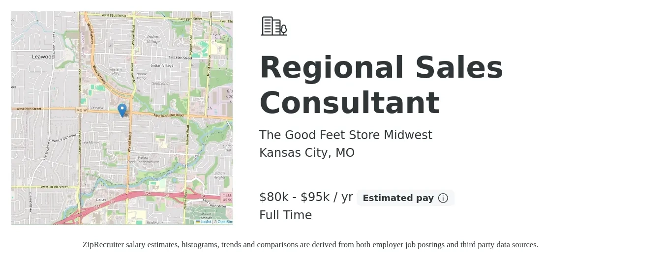 The Good Feet Store Midwest job posting for a Regional Sales Consultant in Kansas City, MO with a salary of $80,000 to $95,000 Yearly with a map of Kansas City location.