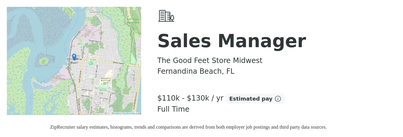 The Good Feet Store Midwest job posting for a Sales Manager in Fernandina Beach, FL with a salary of $110,000 to $130,000 Yearly with a map of Fernandina Beach location.