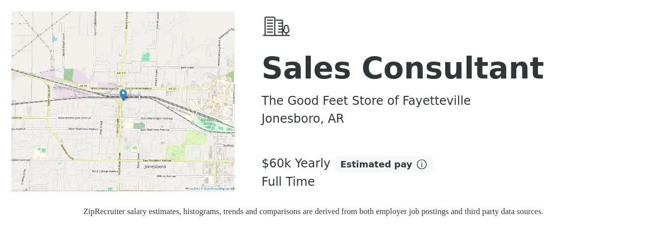 The Good Feet Store of Fayetteville job posting for a Sales Consultant in Jonesboro, AR with a salary of $55,000 to $63,000 Yearly with a map of Jonesboro location.
