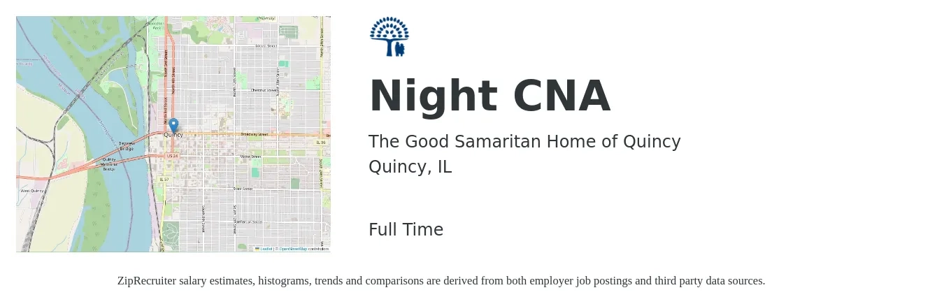 The Good Samaritan Home of Quincy job posting for a Night CNA in Quincy, IL with a salary of $17 to $24 Hourly with a map of Quincy location.