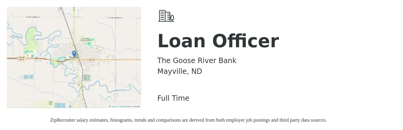 The Goose River Bank job posting for a Loan Officer in Mayville, ND with a salary of $46,500 to $91,000 Yearly with a map of Mayville location.