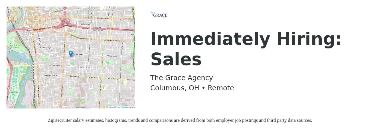 The Grace Agency job posting for a Immediately Hiring: Sales in Columbus, OH with a salary of $51,200 to $93,200 Yearly with a map of Columbus location.