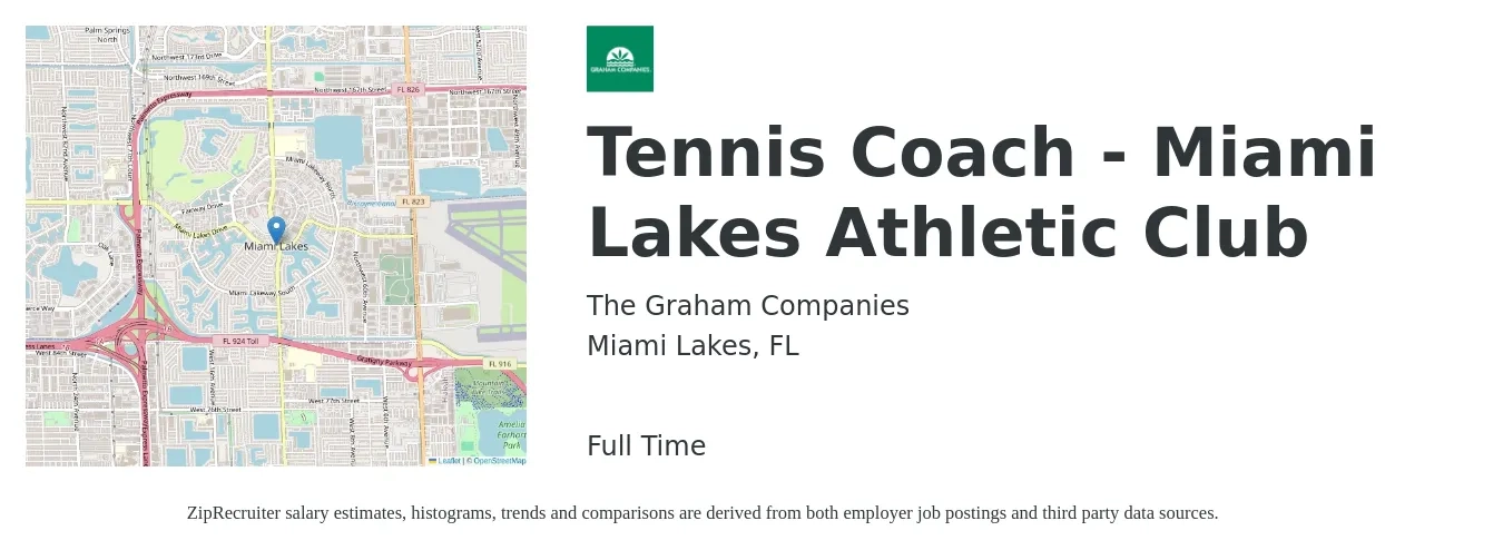 The Graham Companies job posting for a Tennis Coach - Miami Lakes Athletic Club in Miami Lakes, FL with a salary of $14 to $20 Hourly with a map of Miami Lakes location.