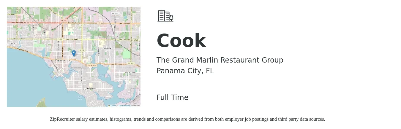 The Grand Marlin Restaurant Group job posting for a Cook in Panama City, FL with a salary of $13 to $17 Hourly with a map of Panama City location.