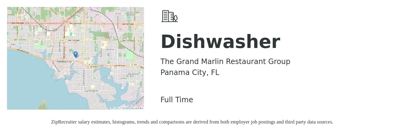 The Grand Marlin Restaurant Group job posting for a Dishwasher in Panama City, FL with a salary of $12 to $15 Hourly with a map of Panama City location.